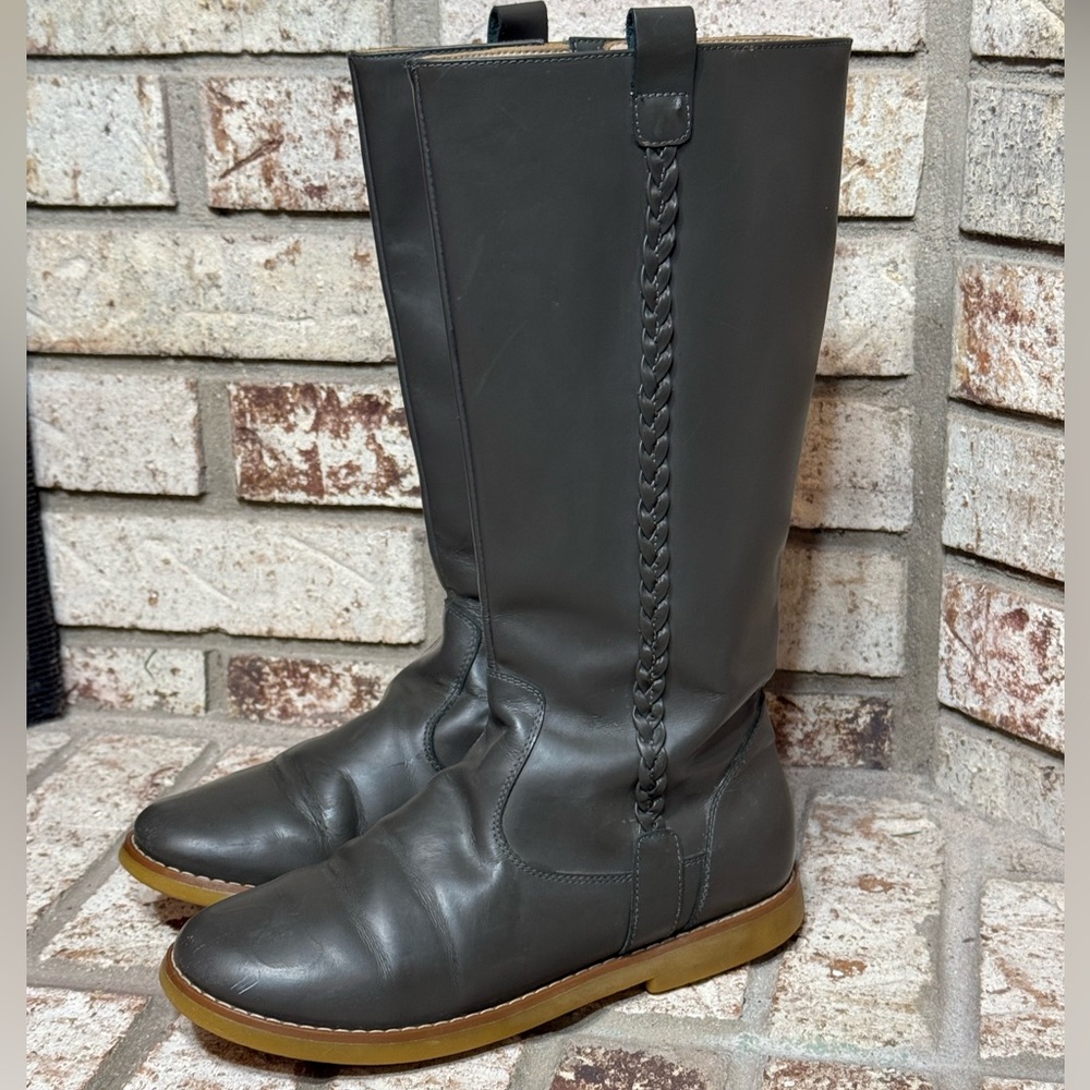 Elephantito Leather Braid Detail Tall Riding Boots Size 4 Grey Green EUC - Picture 2 of 8